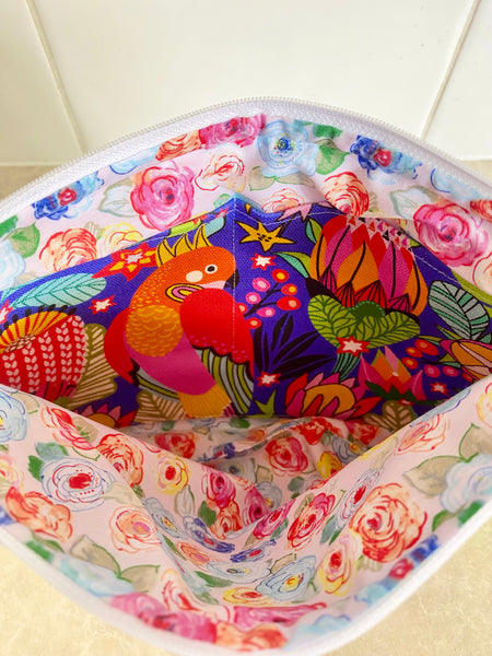 Kirsten Katz Parrots Blue Multi Fabric Pouch- Large